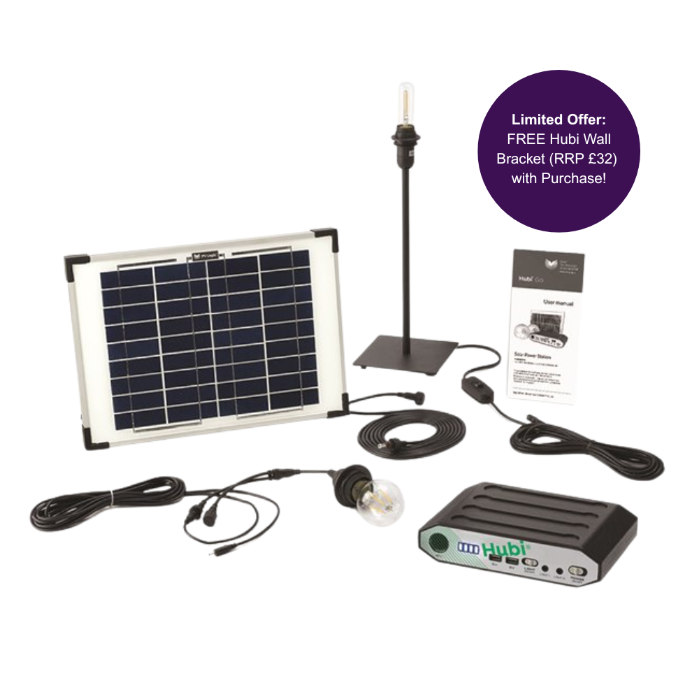 Hubi Retro 2- solar light and power kit, 10W panel with warm lighting for glamping and summer houses