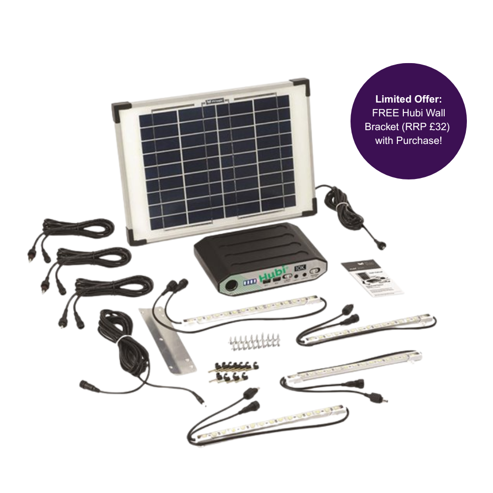 Hubi Work 64 - solar light and power kit for a large workshop or shed up to 64 square metres, or four small rooms or stables up to 16 square metres each