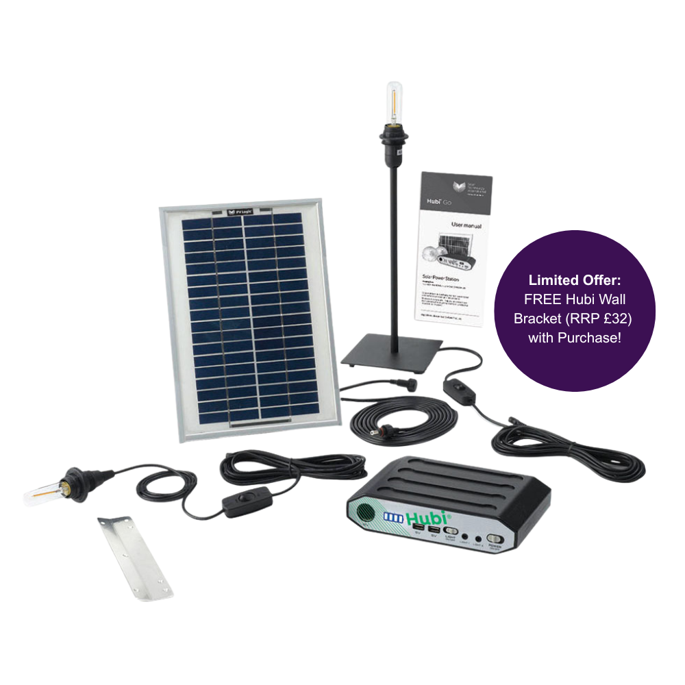 Hubi Retro 1 - solar light and power kit, 5W panel with warm lighting for glamping and summer houses