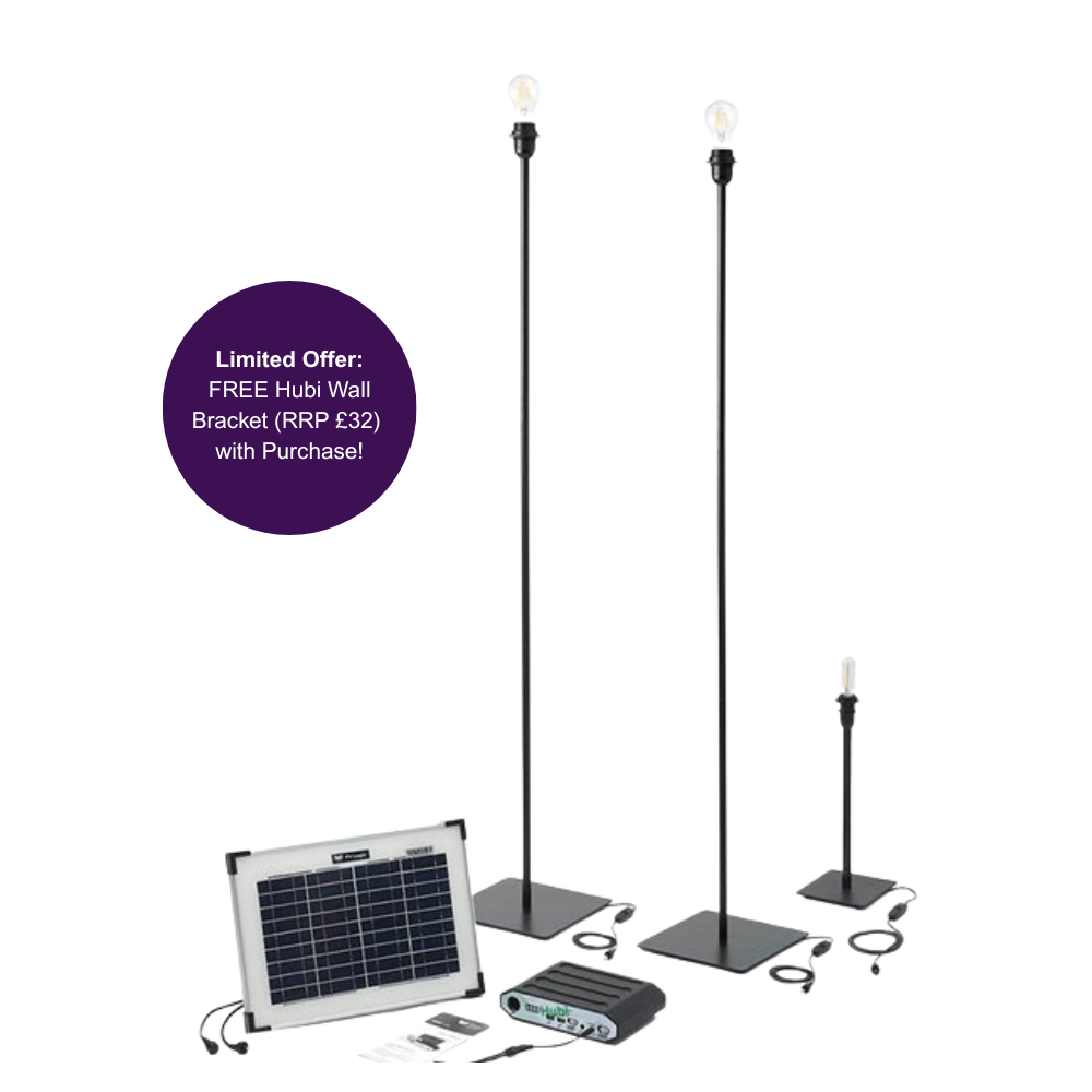 Hubi Retro 4 - solar light and power kit, 10W panel, two floor and one table lamp with warm lighting for glamping yurt, conservatory or garden office