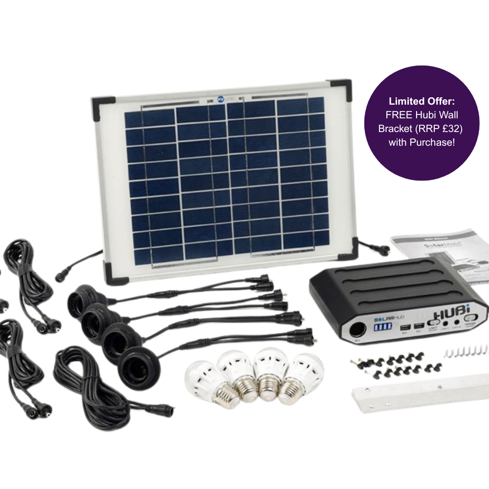 Hubi Work 64 LED Bulbs - solar light and power kit for a large workshop or shed up to 64 square metres, or four small rooms up to 16 square metres each